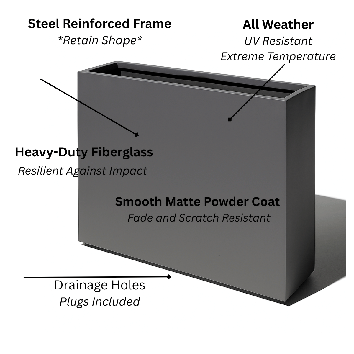 Aster Tall Span Planter - Heavy Duty Fiberglass w/ Steel - Plant Shelf - Indoor / Outdoor Divider  (38" L x 11" W x 29" H)