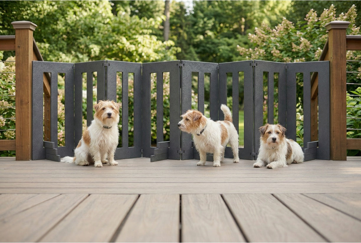 Backyard Dog Freestanding 24" Tall Outdoor Dog Gate - Weatherproof, Adjustable, Foldable Pet Barrier (28" - 80" Extra Wide)