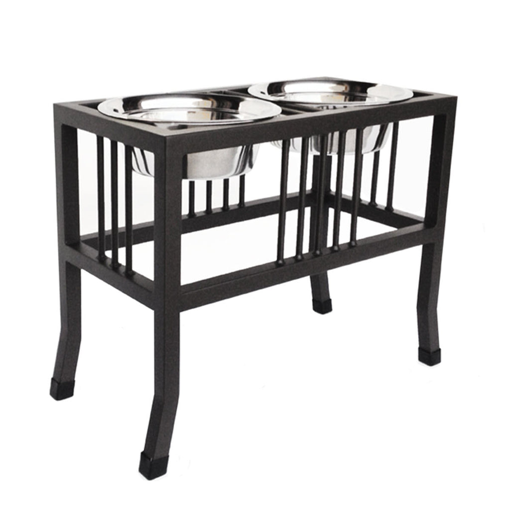 Baron XL Double Diner - Modern Mission Style, Wrought Iron Stand Elevated Dog Bowl Feeder Large Breed (15", 18" Tall)