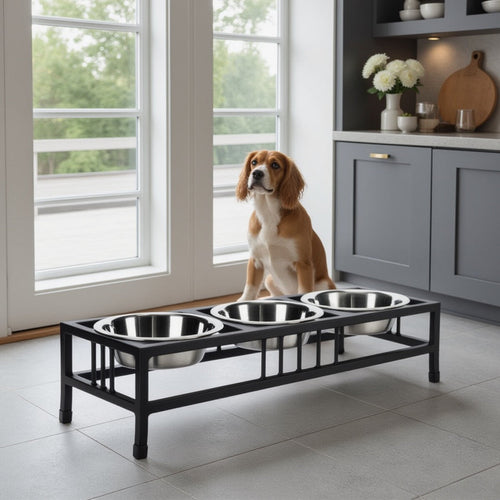 Baron Triple Bowl Diner - Modern Mission Style, Wrought Iron Metal Elevated 3 Dog Bowl Stand (5.5" / 8" / 10" Tall)