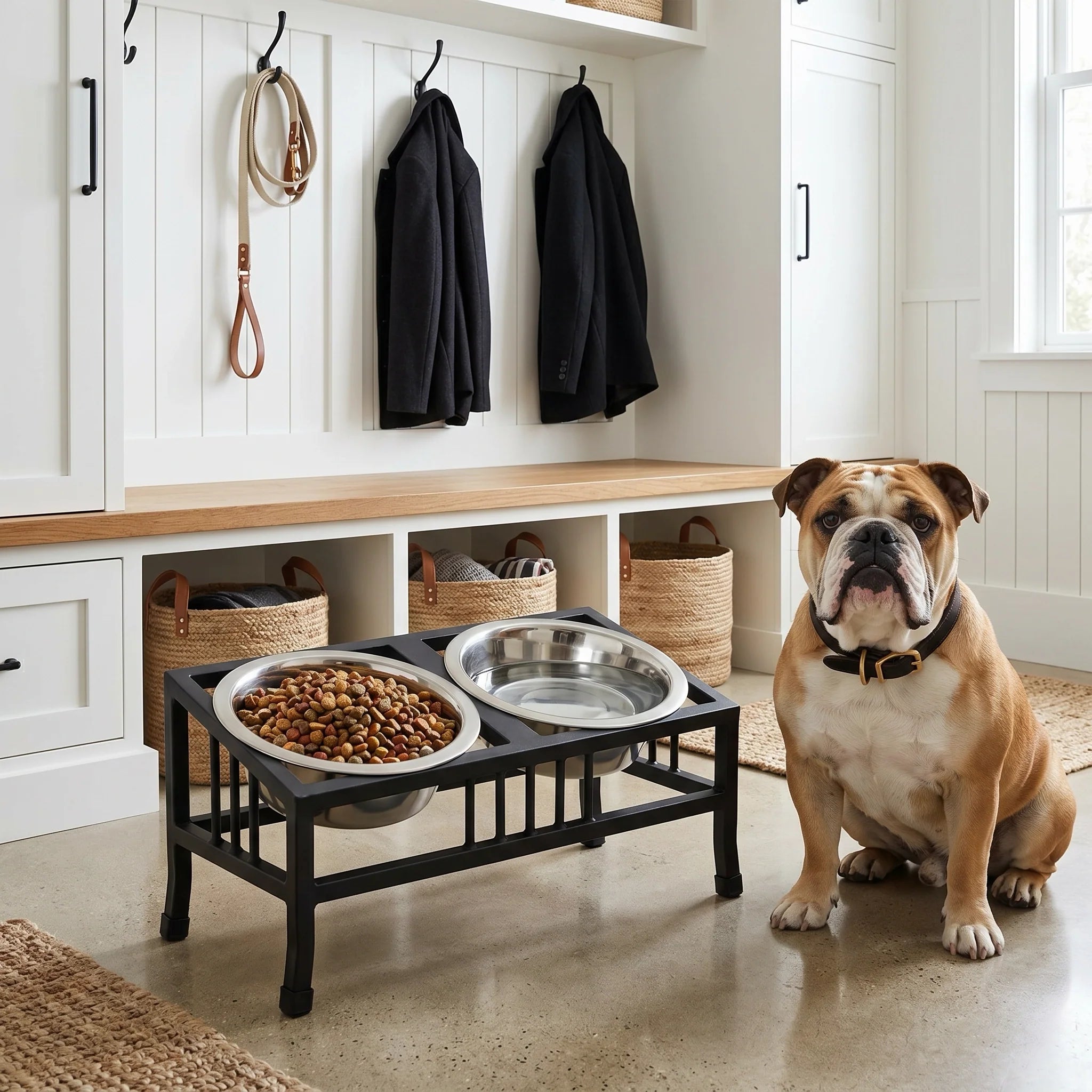 Baron Tilted Double Bowl Diner - Modern Wrought Iron Stand w/ Slanted Dog Bowls (5.5" / 8" H)