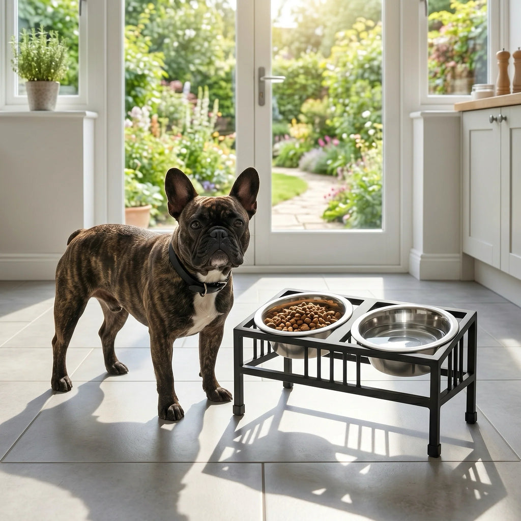 Baron Tilted Double Bowl Diner - Modern Wrought Iron Stand w/ Slanted Dog Bowls (5.5" / 8" H)