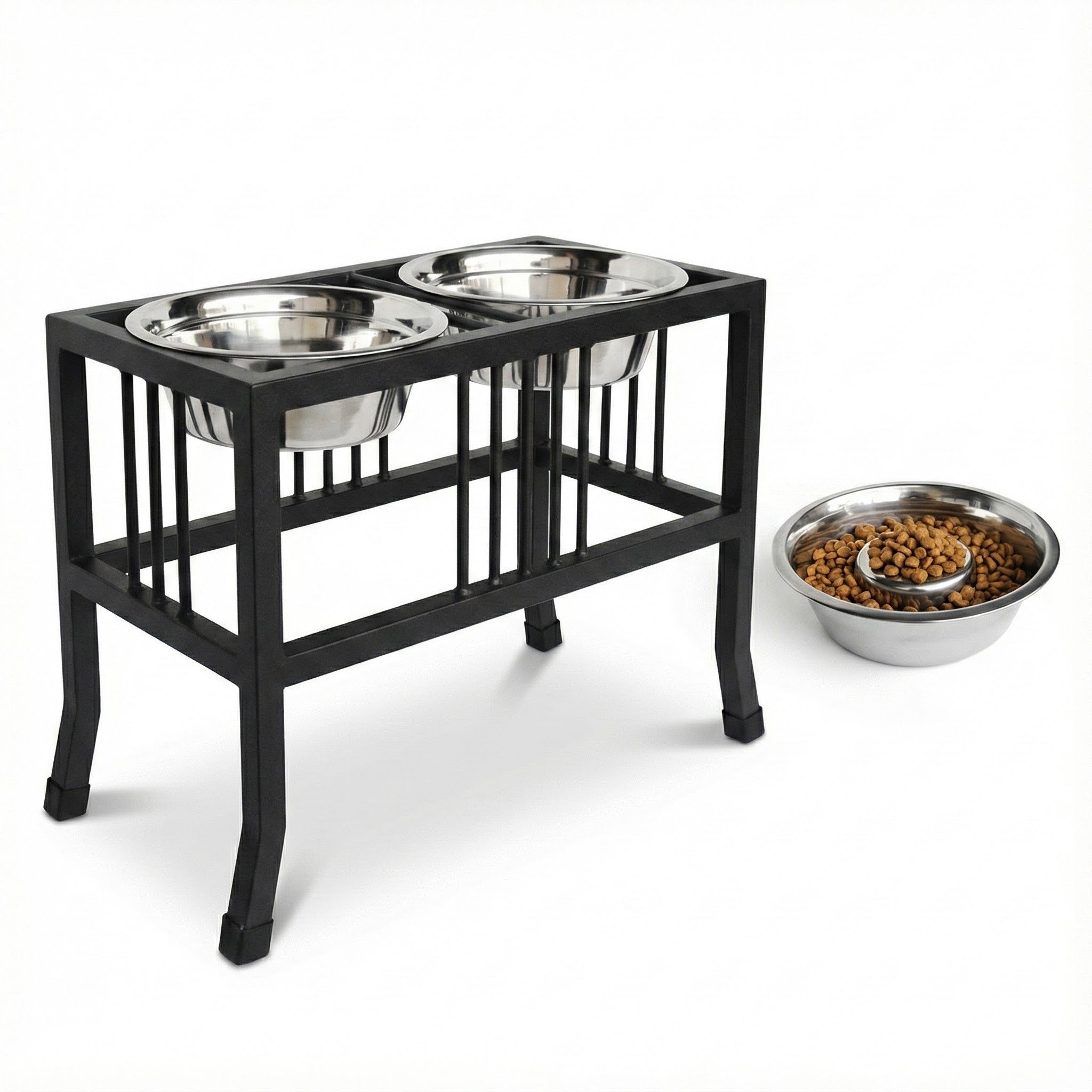 Baron XL Double Diner - Modern Mission Style, Wrought Iron Stand Elevated Dog Bowl Feeder Large Breed (15", 18" Tall)