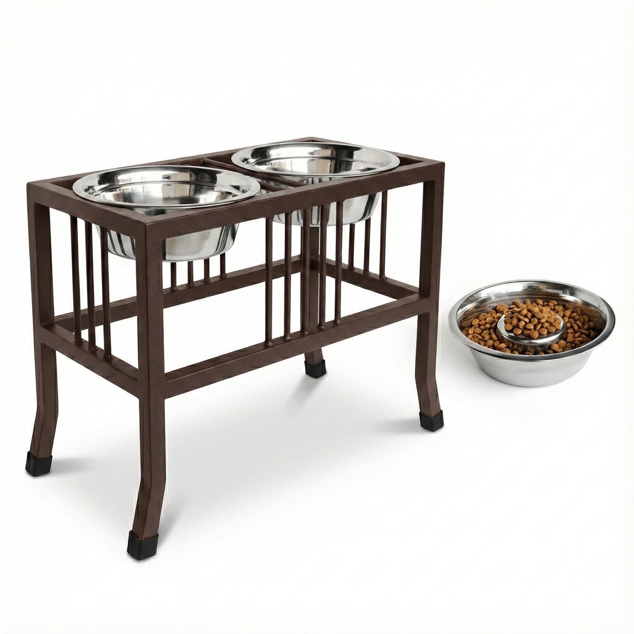Baron XL Double Diner - Modern Mission Style, Wrought Iron Stand Elevated Dog Bowl Feeder Large Breed (15", 18" Tall)