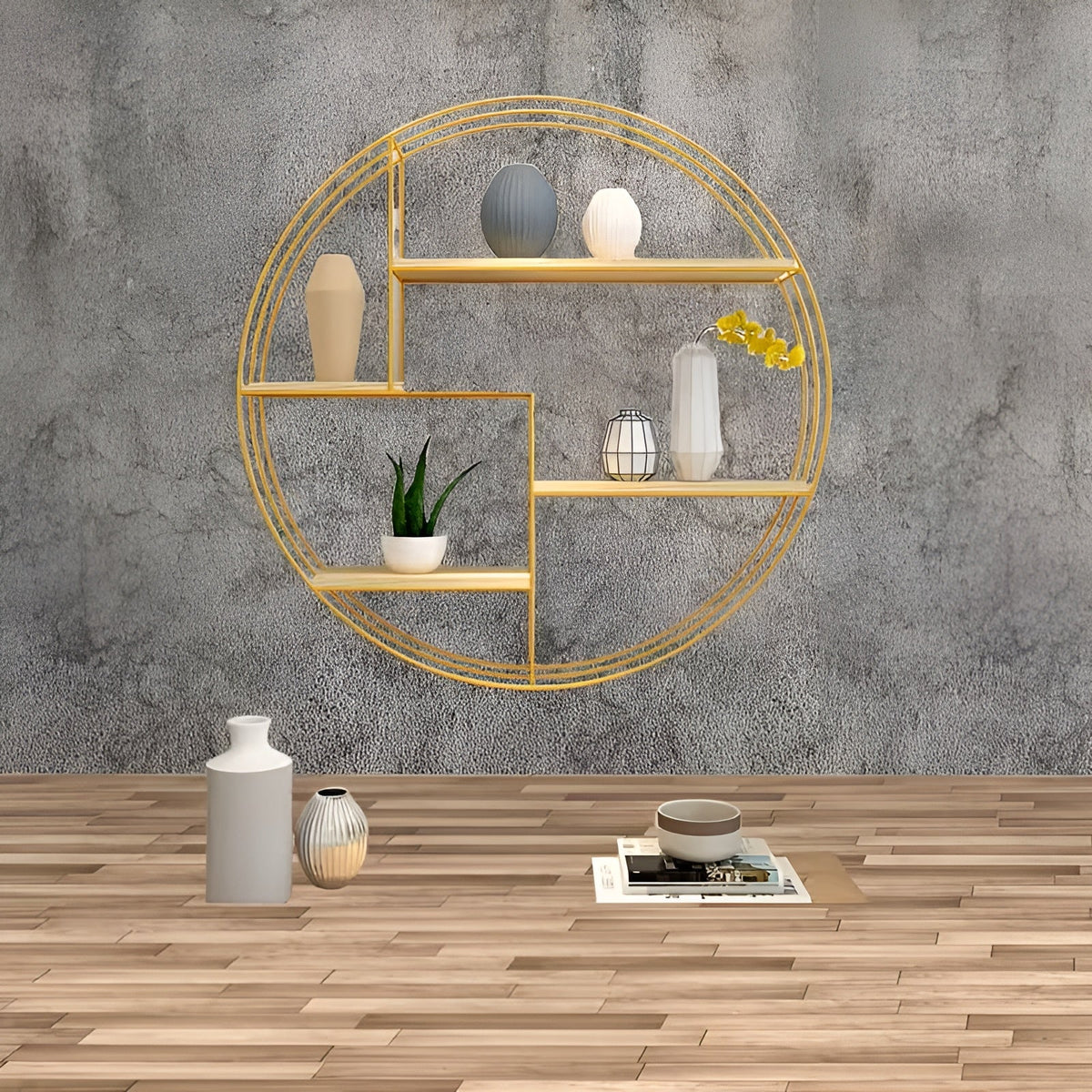 Round Wall Shelf with 4 Levels – Retro Design made of Wood & Metal | Decorative Hanging Shelf for Living Room, Bathroom & Bedroom | Bowlift