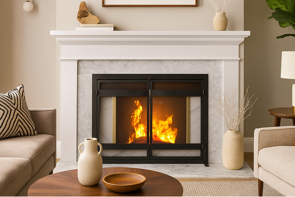 Indus Fireplace Screen- Modern Mission Wrought Iron, Freestanding Flat w/ Doors (44" W x 33" Tall)