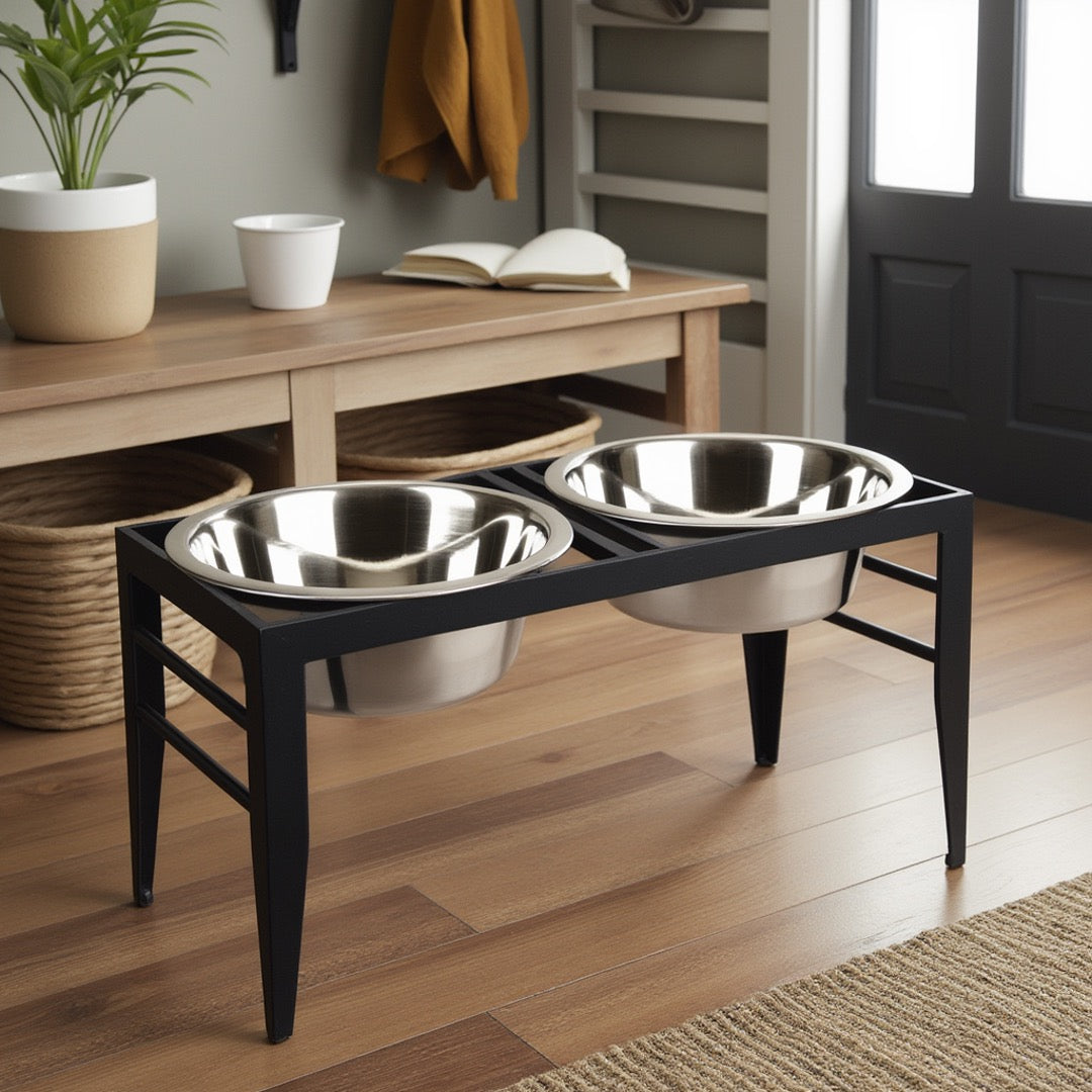 Chariot Double Diner - Architectural Angle Iron Steel Elevated Dog Bowl Stand (5" / 7" / 10" Tall)