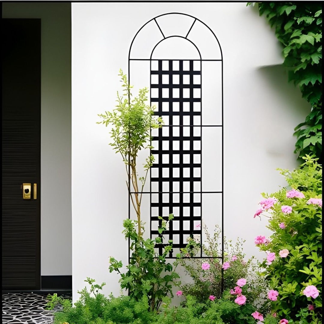 Chaucer Metal Plant Trellis - 72" Tall, Architectural Black Wrought Iron Metal, Single Panel w/ Feet, Indoor / Outdoor