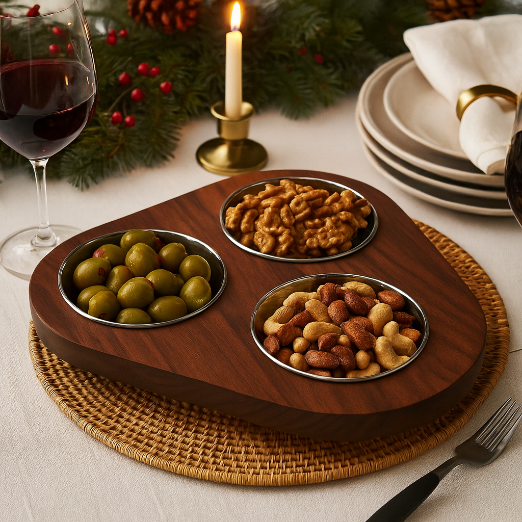 Ciocco Lazy Susan - Handcrafted Hardwood w/ 3 Stainless Steel Bowls