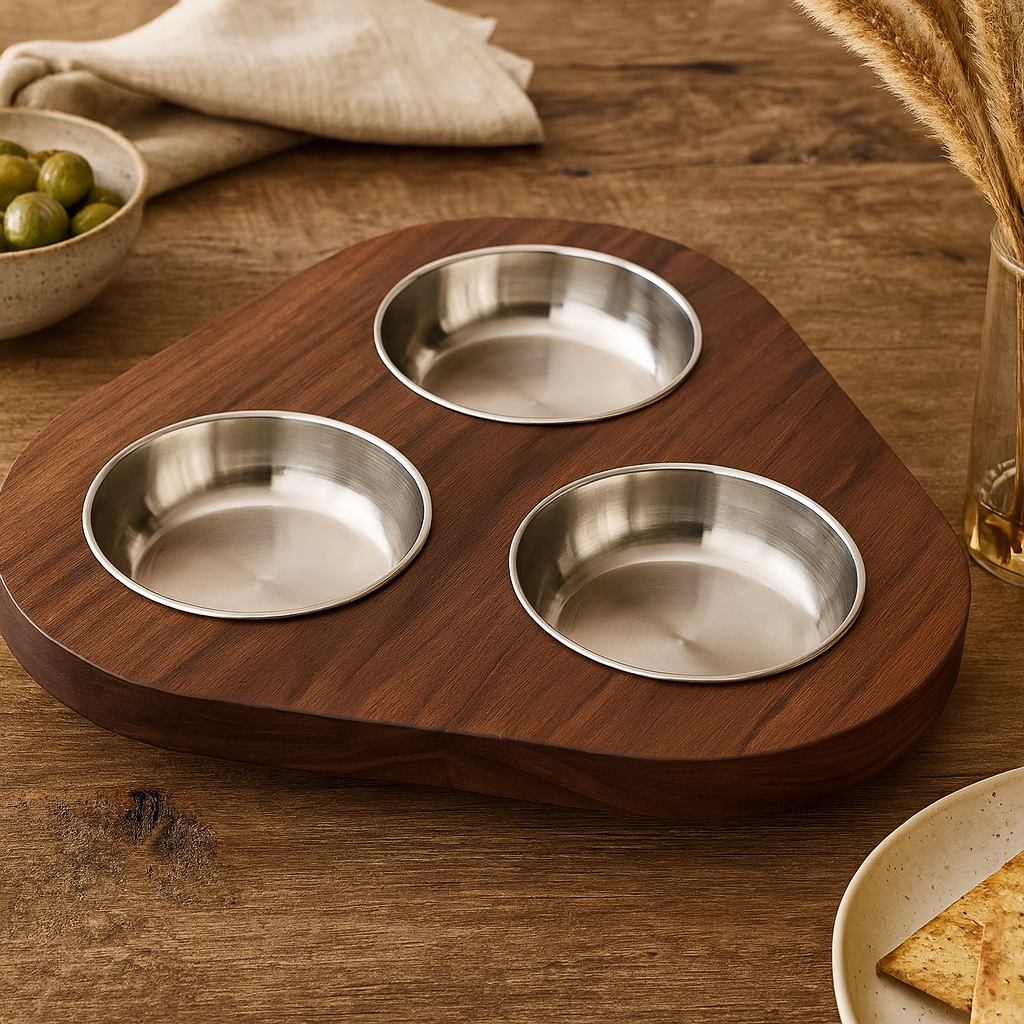 Ciocco Lazy Susan - Handcrafted Hardwood w/ 3 Stainless Steel Bowls