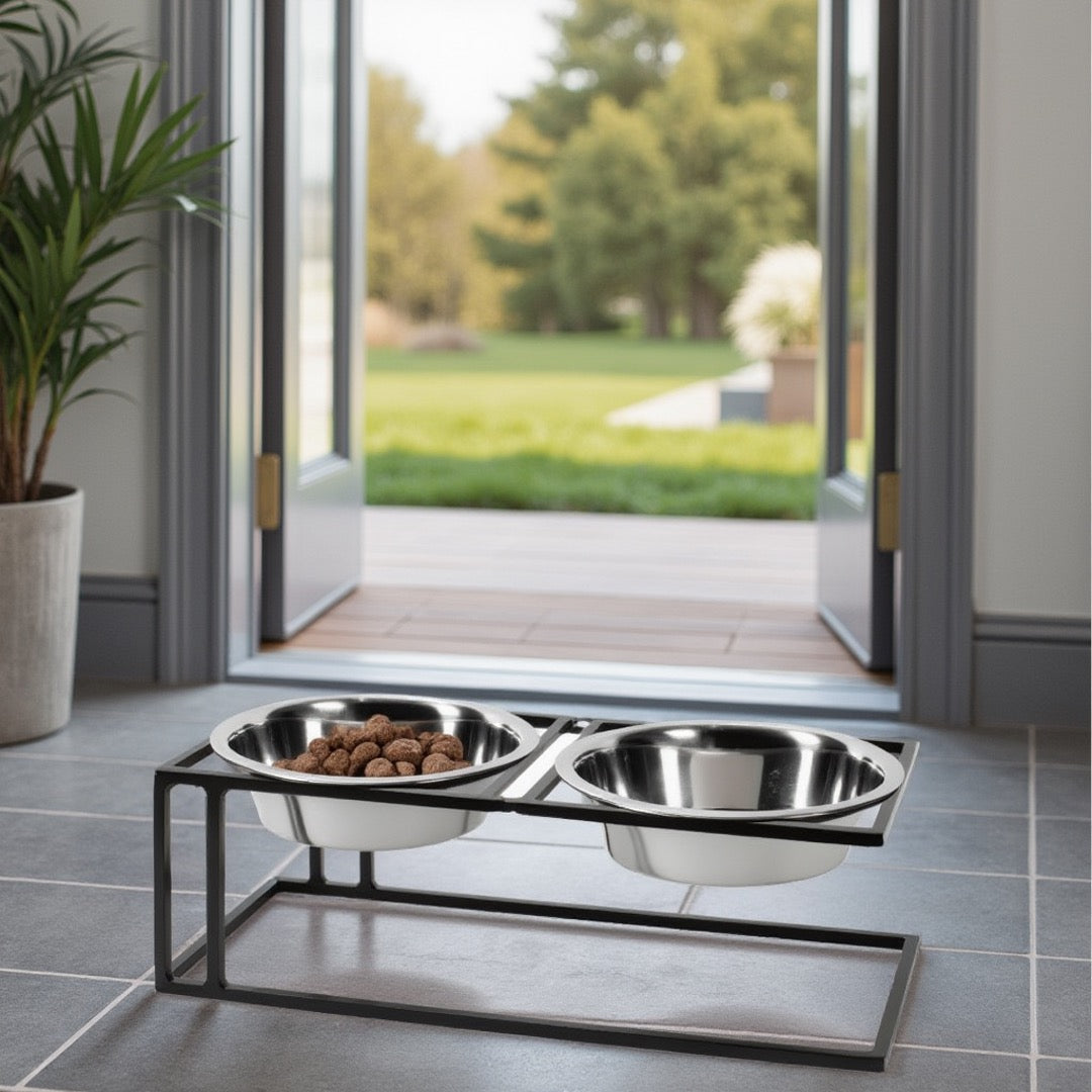 Cityline Double Diner - Outdoor / Indoor Modern Architectural Steel Elevated Dog Bowls w/ Stand (5.5" / 7" / 10" Tall)