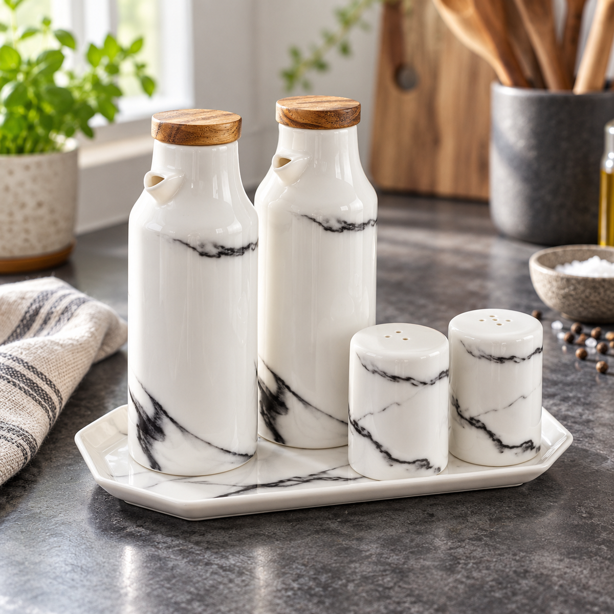 Ceramic Salt And Pepper Oil Bottle Set