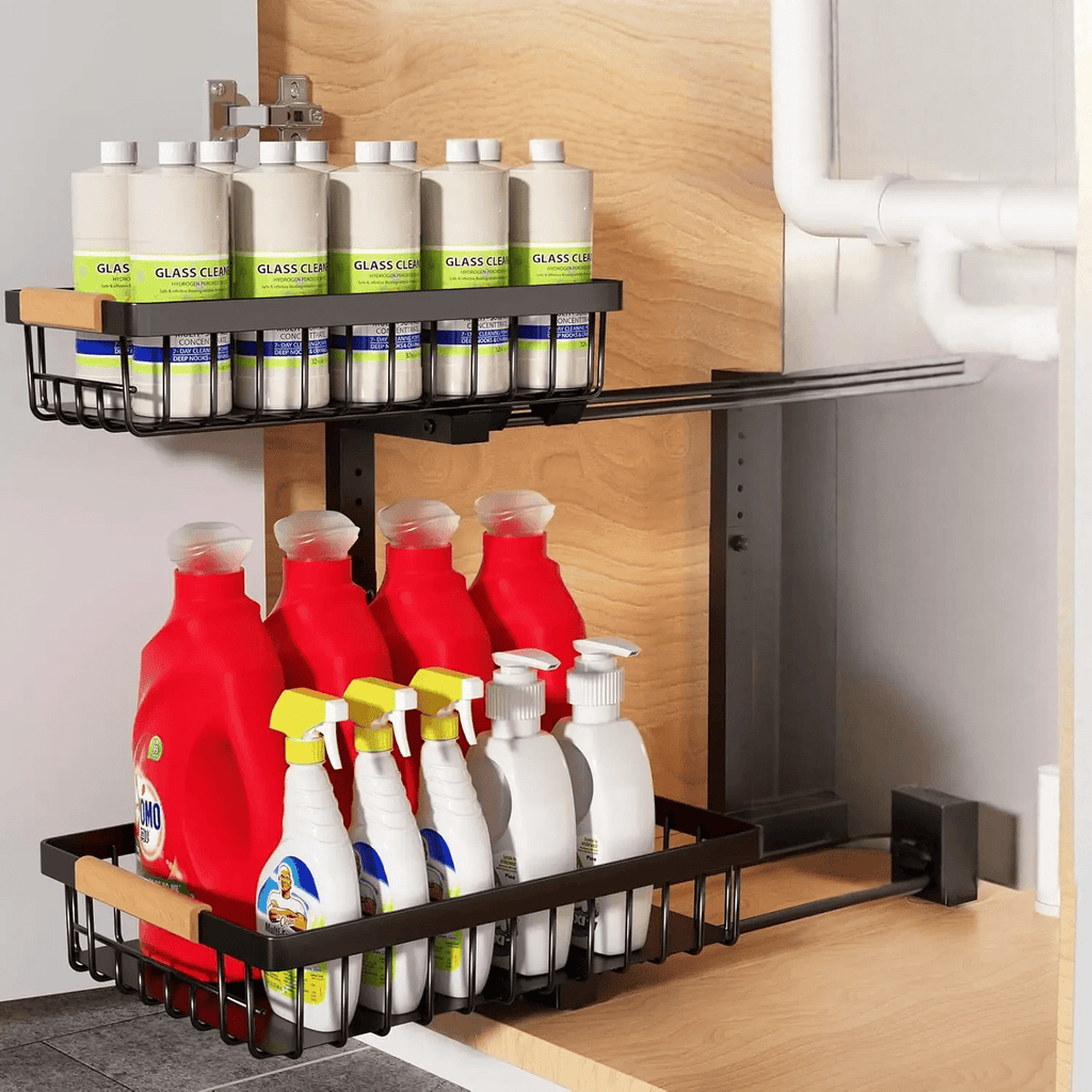 Curcura – Heavy-Duty Adjustable Steel Under Sink Organizer for Kitchen & Bathroom