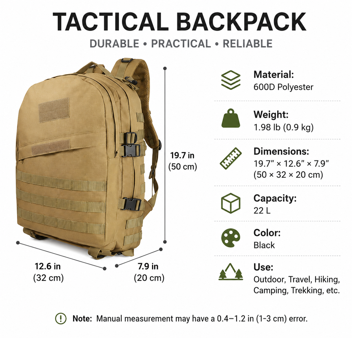 22L Tactical Backpack for Hiking Camping Travel Outdoor