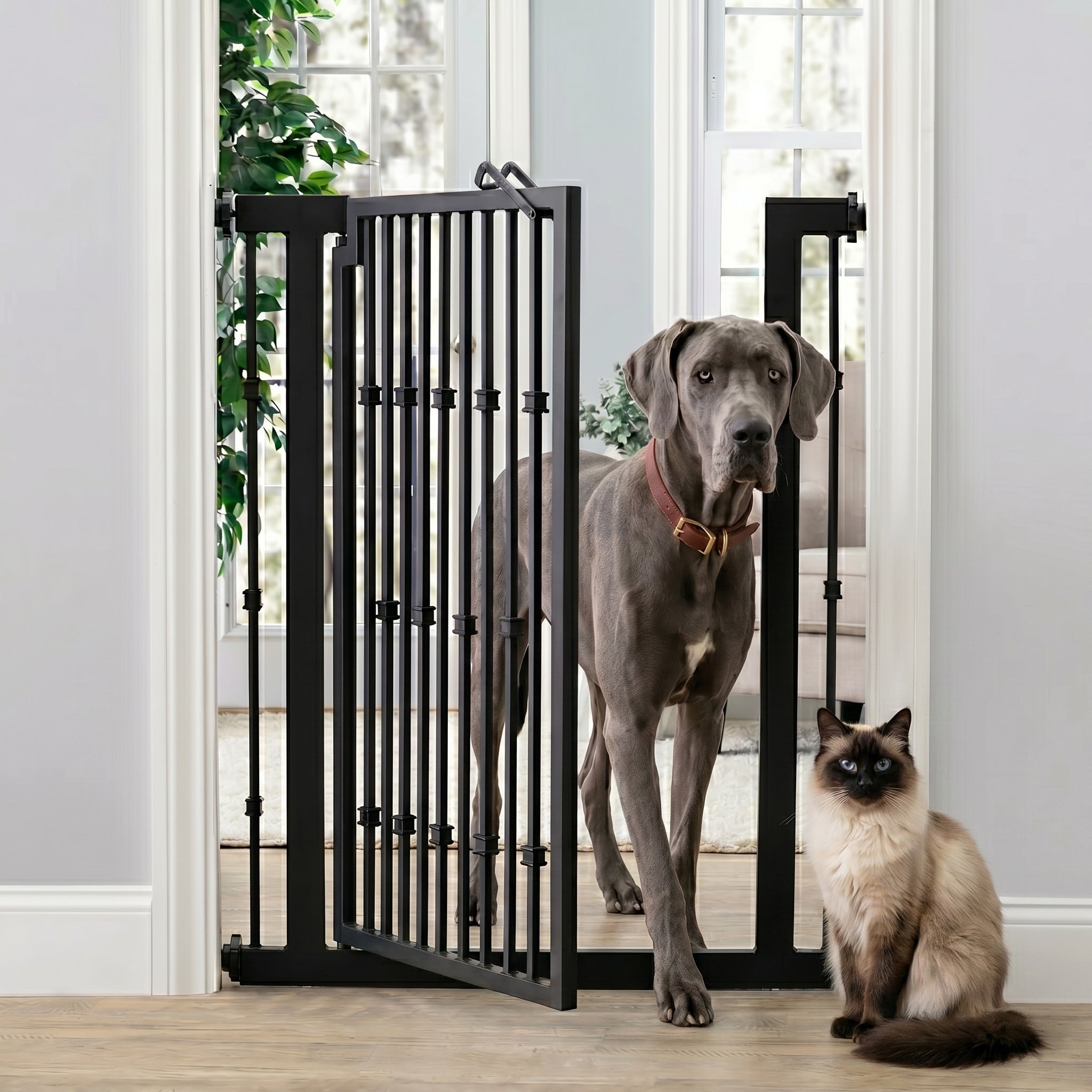 Dahlia Slim Gap 42" Extra Tall Pet Gate w/ Door (34.5" - 61.5" Extra Wide) Wrought Iron / Steel - Indoor Easy Pressure Mounted - Strong Dog, Cat