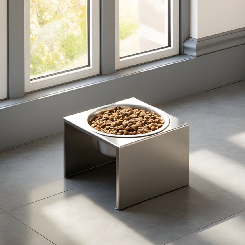 Slate Single Diner - Modern Architectural 304 Stainless Steel Stand w/ Elevated Bowl Food, Water (5" / 9" / 12" Tall)