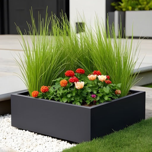 Dharti Low Profile Fiberglass Cube Planter - Modern Block Planter, Garden Bed Square (30" L x 30" W x 12" H)