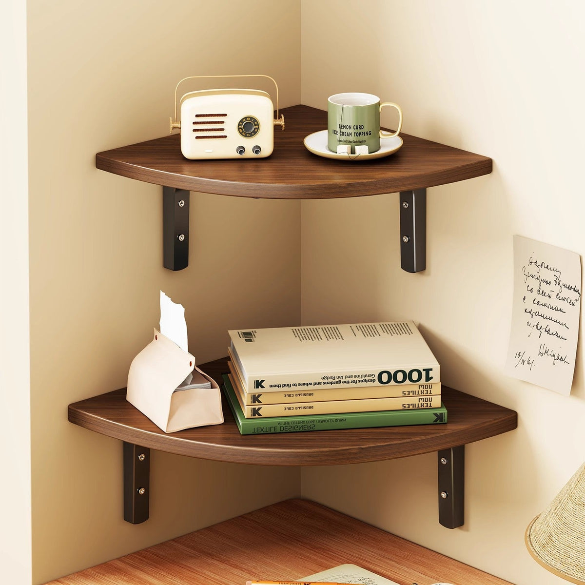 Corner shelf, multi-tiered