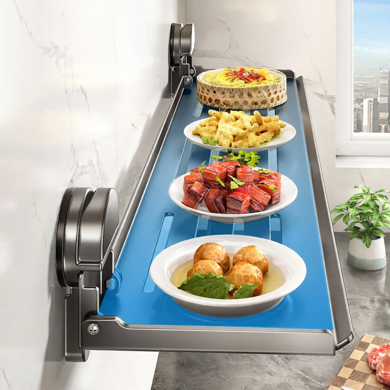 Wall-mounted kitchen shelf with suction cup, foldable