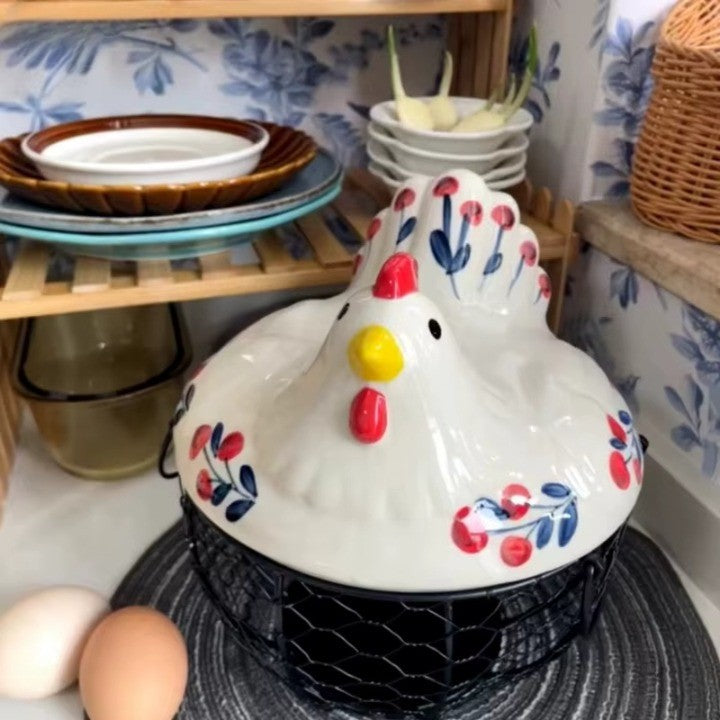 Ceramic Egg Holder Chicken with Wire Basket