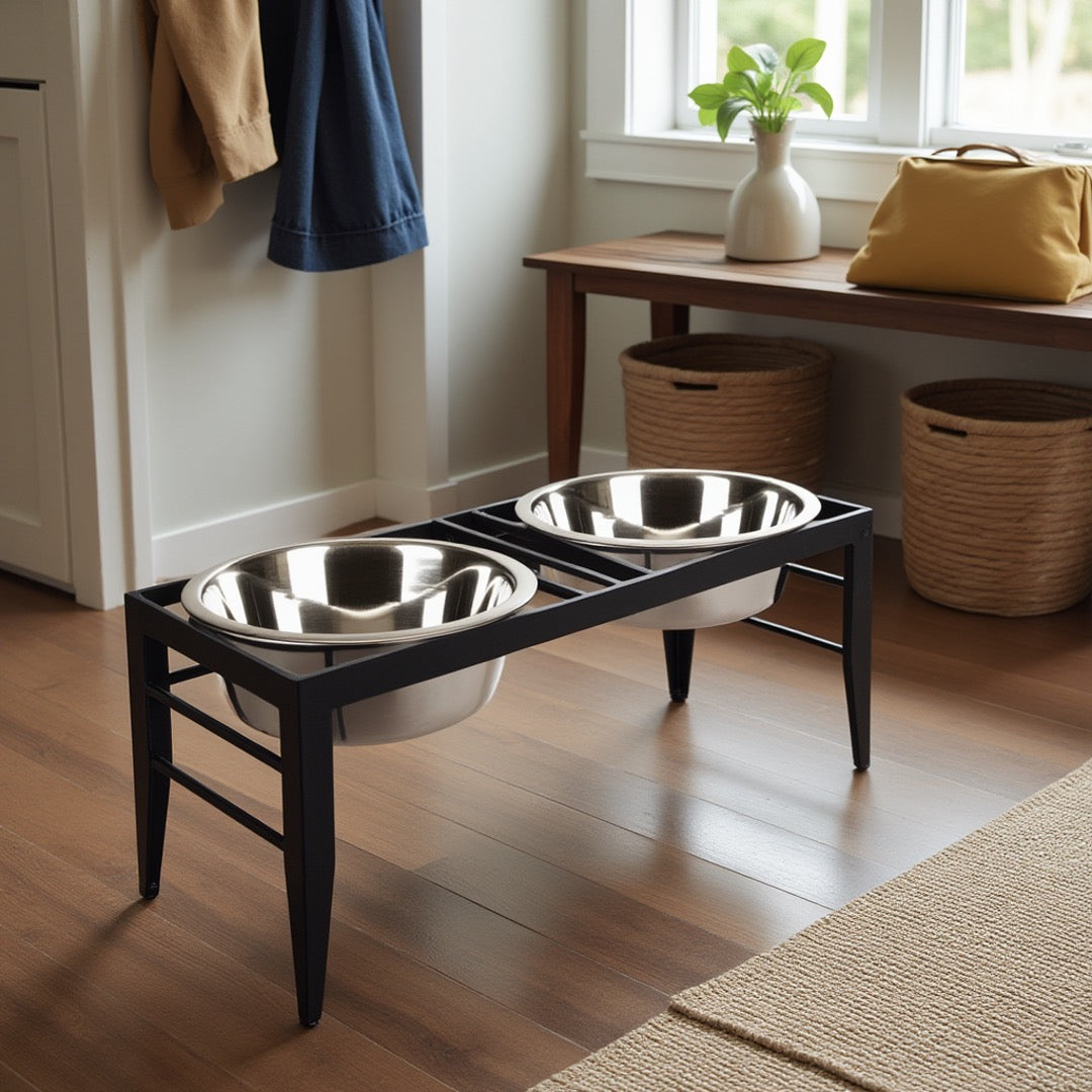 Chariot Double Diner - Architectural Angle Iron Steel Elevated Dog Bowl Stand (5" / 7" / 10" Tall)
