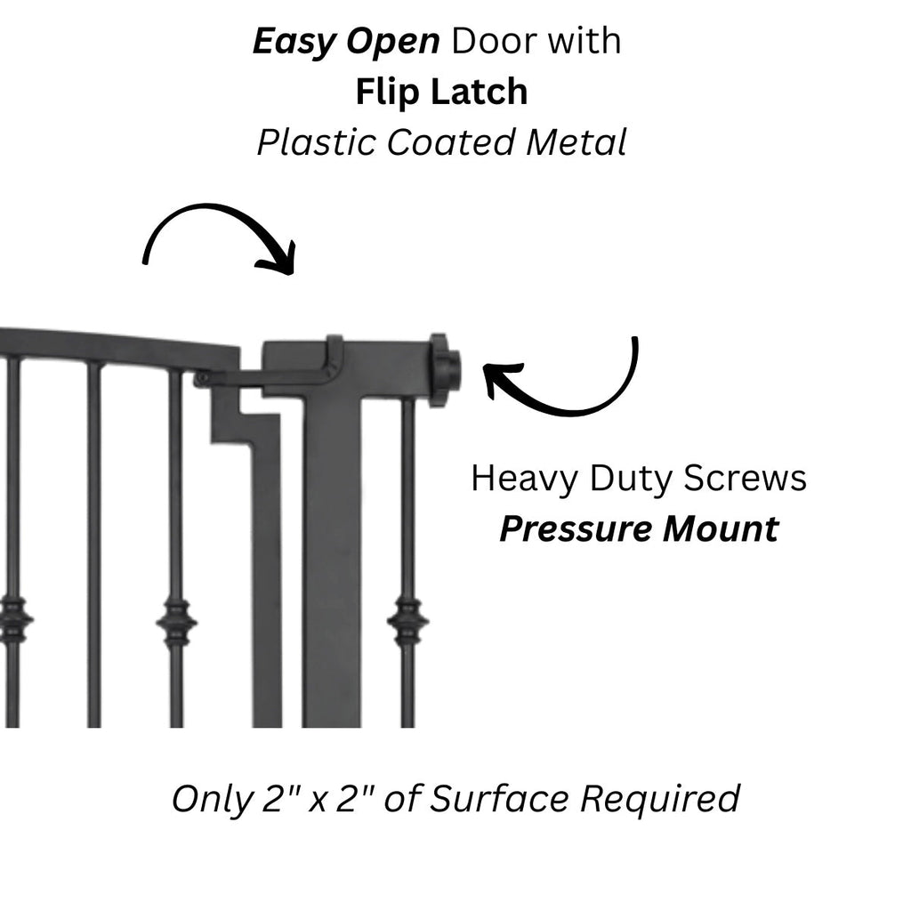 Emperor Rings Extra Wide Dog Gate w/ Door (59" - 86" W) Decorative Wrought Iron / Steel, Indoor Easy Pressure Mounted - 32" Tall