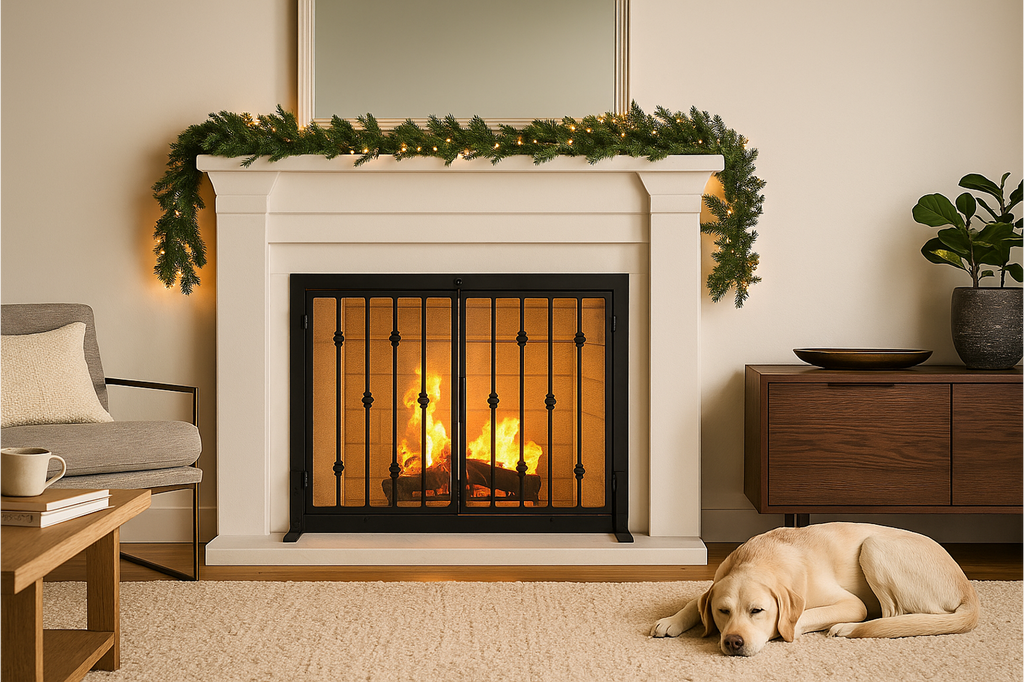 Emperor Rings Fireplace Screen - Modern Ornamental Black Wrought Iron Metal, Freestanding w/ Doors (33" Tall x 44" Wide)