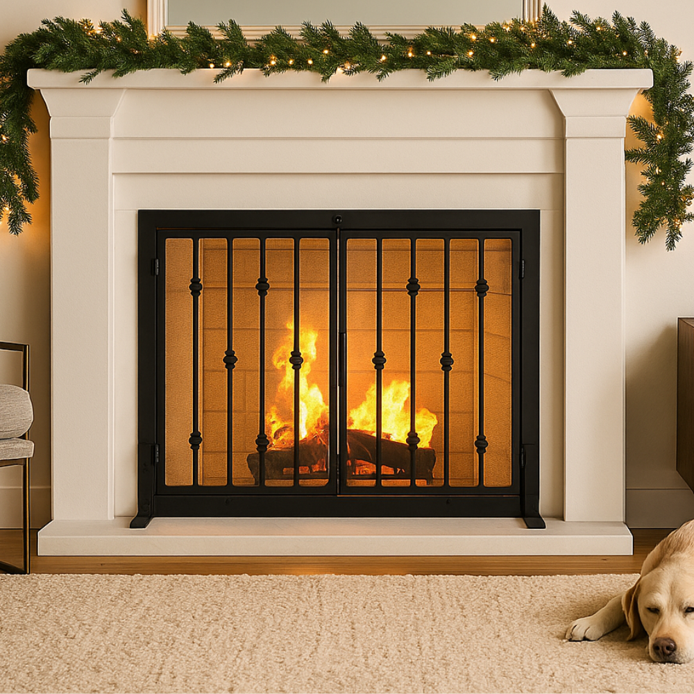 Emperor Rings Fireplace Screen - Modern Ornamental Black Wrought Iron Metal, Freestanding w/ Doors (33" Tall x 44" Wide)