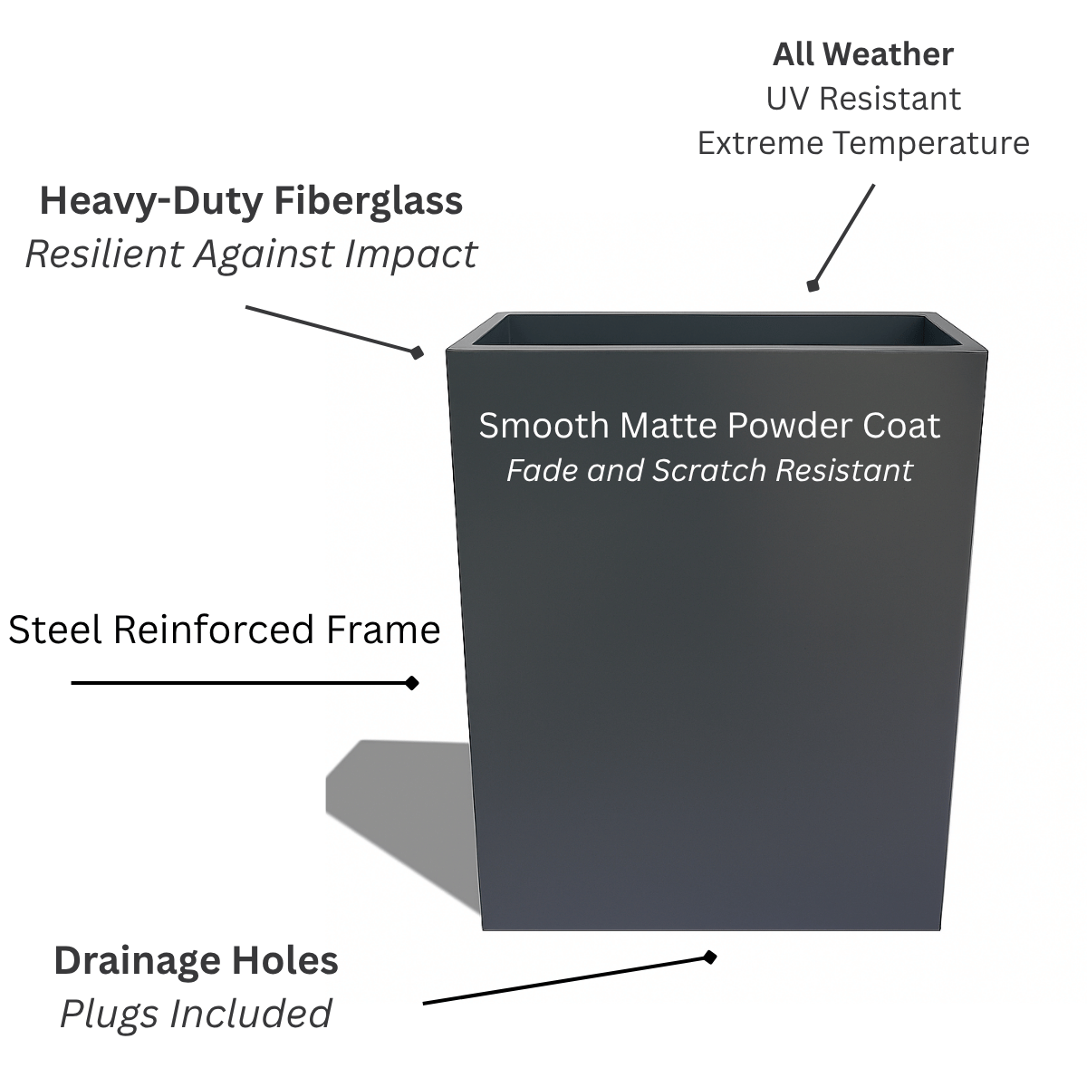 Hamilton 30" Tall Privacy Planter - Modern Steel-Reinforced Fiberglass Block - Indoor / Outdoor (23" L x 12" W x 30" H)