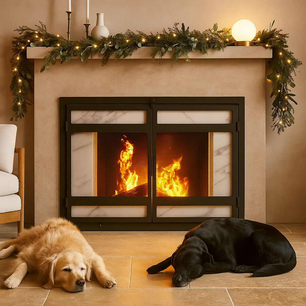 Indus Fireplace Screen- Modern Mission Wrought Iron, Freestanding Flat w/ Doors (44" W x 33" Tall)