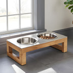 Indus Double Diner - Modern Architectural Hardwood Elevated Dog Bowl Stand (XS Pet 4.5" / 12" Tall)