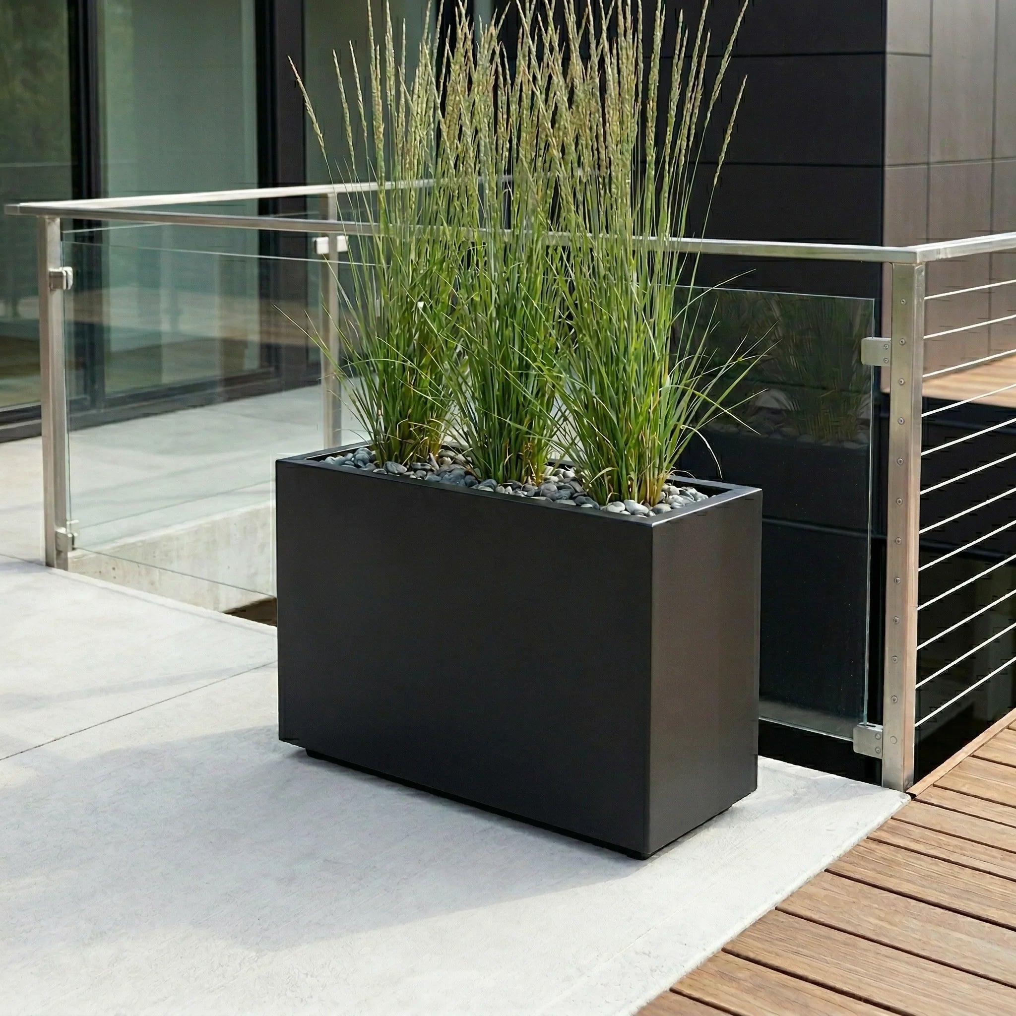 Julian Large Rectangle Planter - Architectural Fiberglass w/ Steel Reinforcement - Long Block w/ Drainage, Indoor / Outdoor (30" L x 12" W x 24" H)