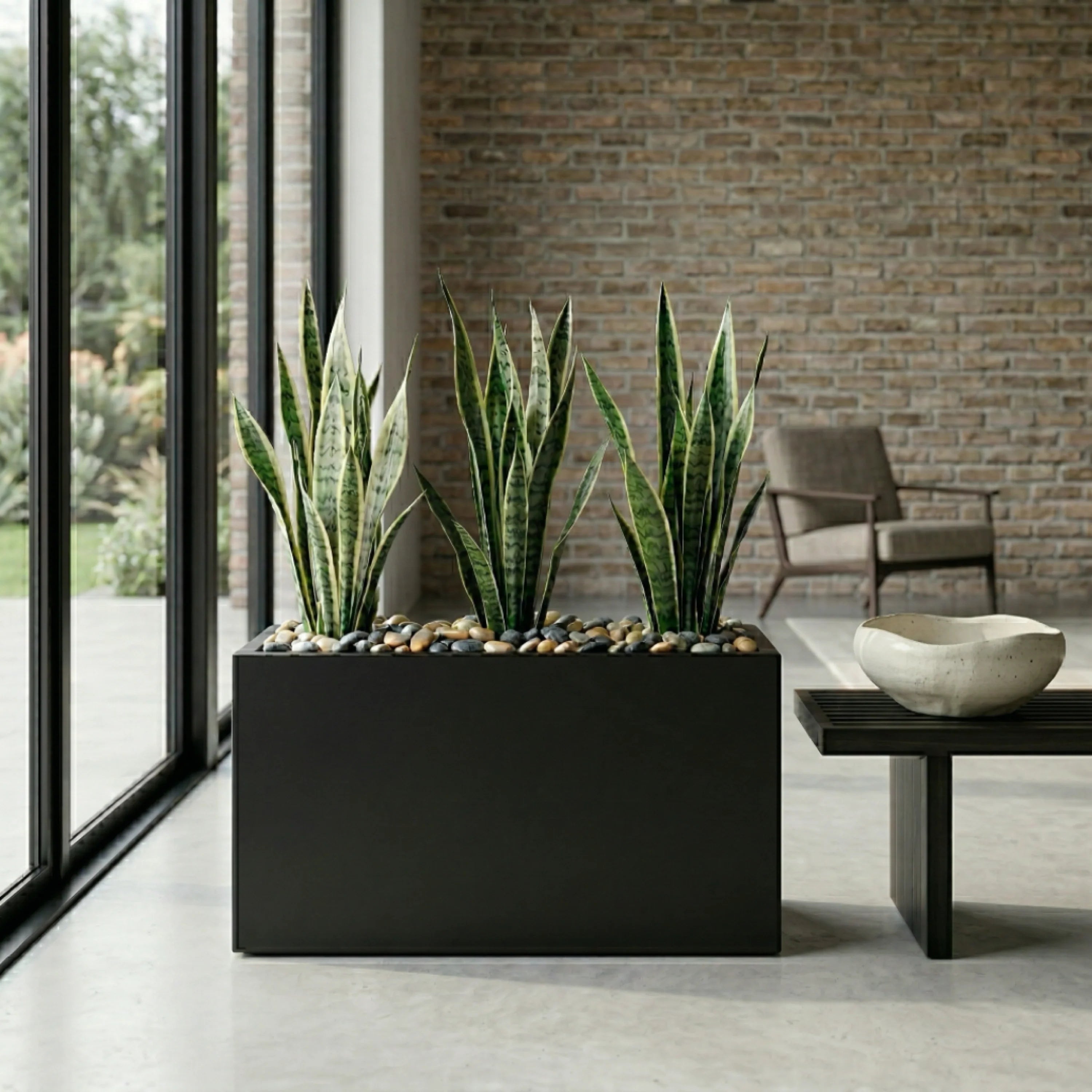 Julian Large Rectangle Planter - Architectural Fiberglass w/ Steel Reinforcement - Long Block w/ Drainage, Indoor / Outdoor (30" L x 12" W x 24" H)