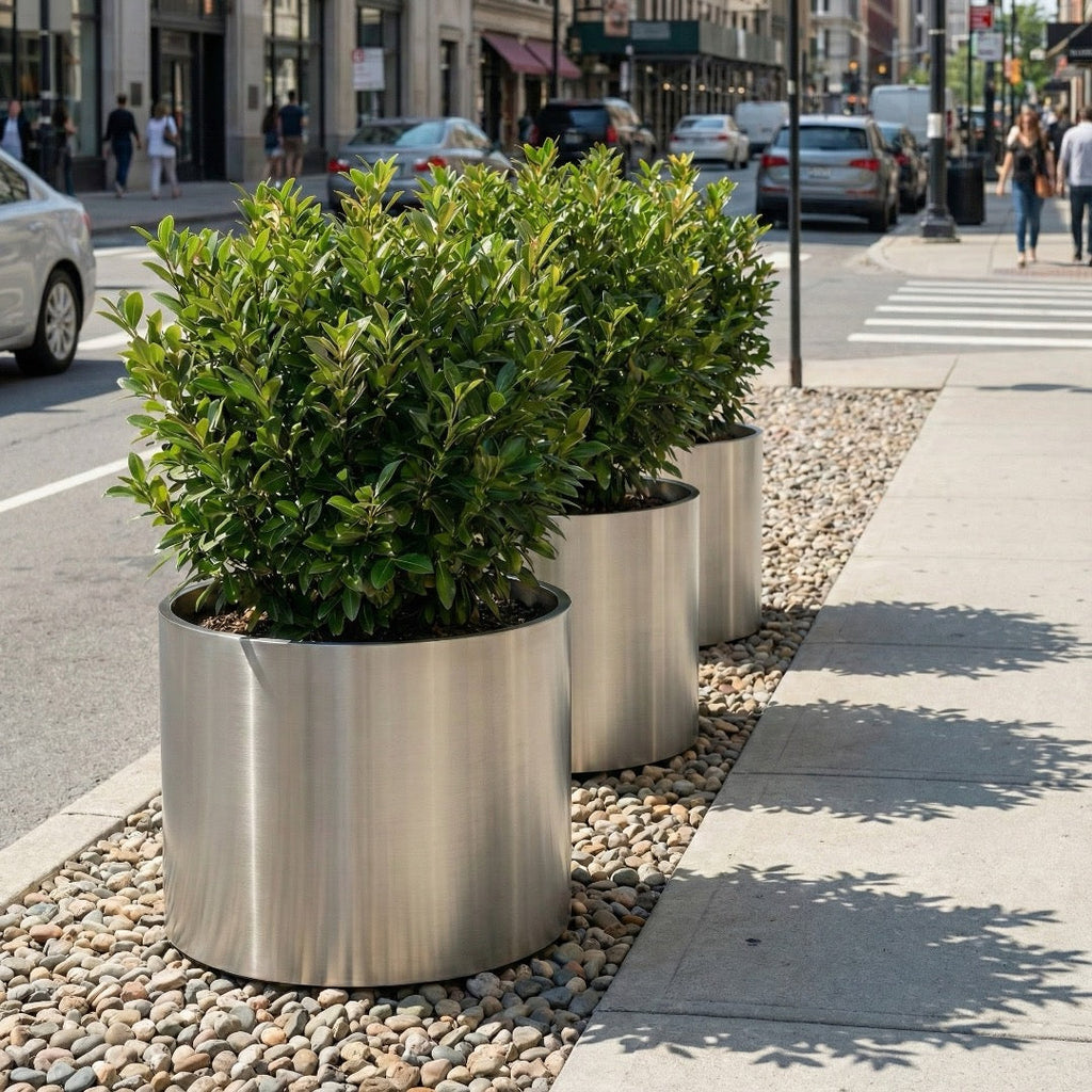Knox Cylinder 31" Extra Large Planter - Modern Architectural Stainless Steel (18/8 Heavy Duty) Surface-Safe, Indoor / Outdoor (24" Ht x 31" Diam)