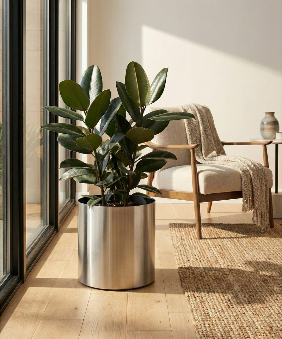 Knox Cylinder Planter - Modern Stainless Steel (18/8 Heavy Duty) Surface-Safe, Indoor / Outdoor (12" / 18" / 24" Large)