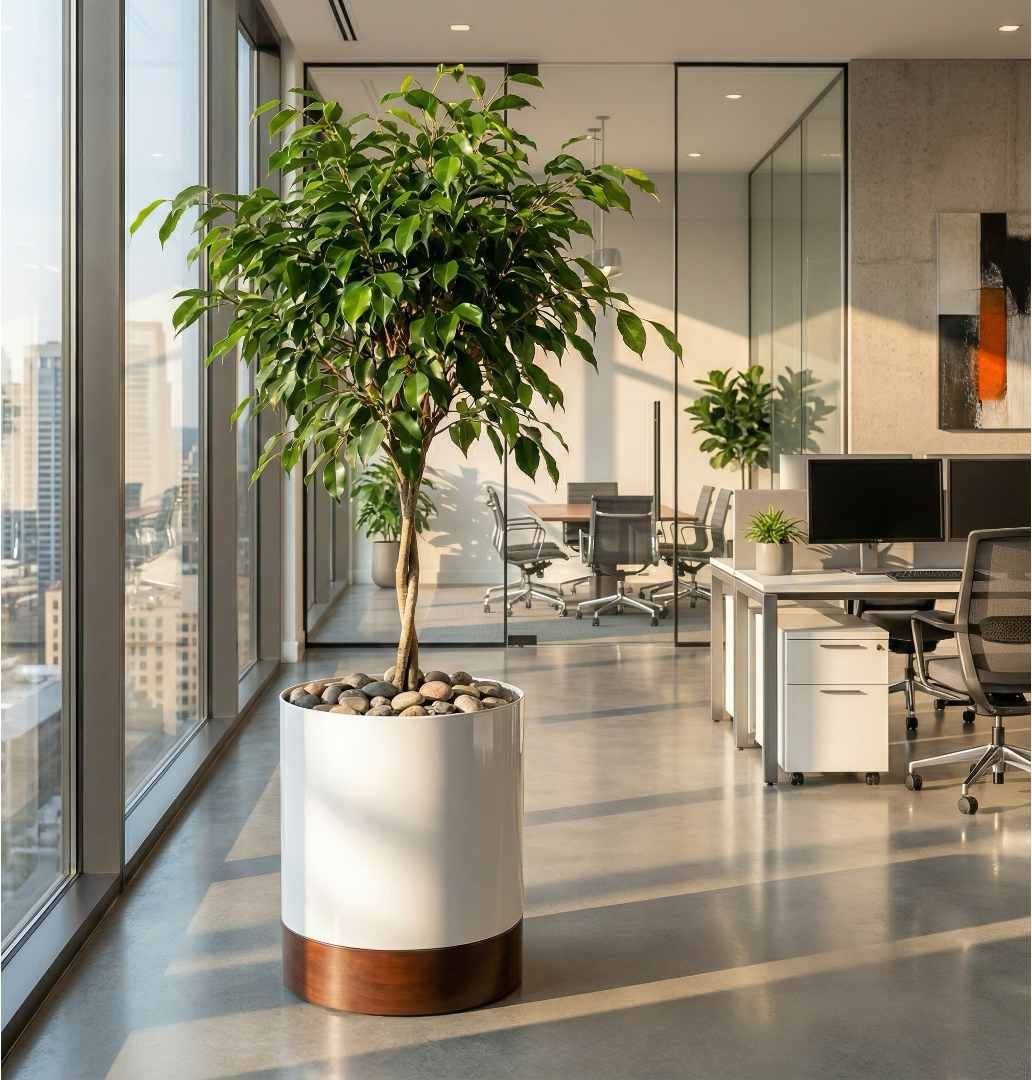 White Knox Cylinder Steel Planter w/ Hardwood Base - Indoor Organic Modern Architectural (15.5" / 22.5" Tall)