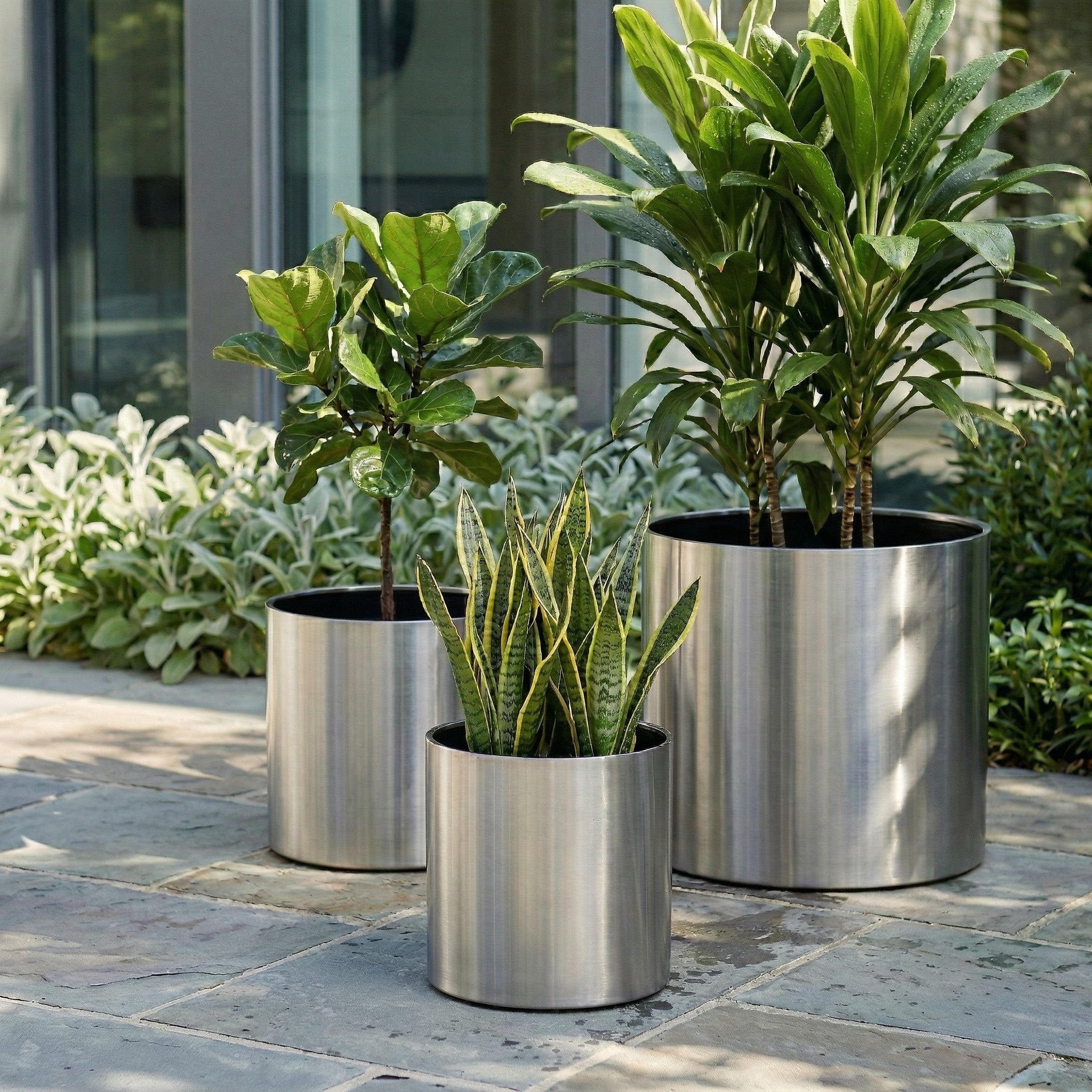 Knox Cylinder Planter - Modern Stainless Steel (18/8 Heavy Duty) Surface-Safe, Indoor / Outdoor (12" / 18" / 24" Large)