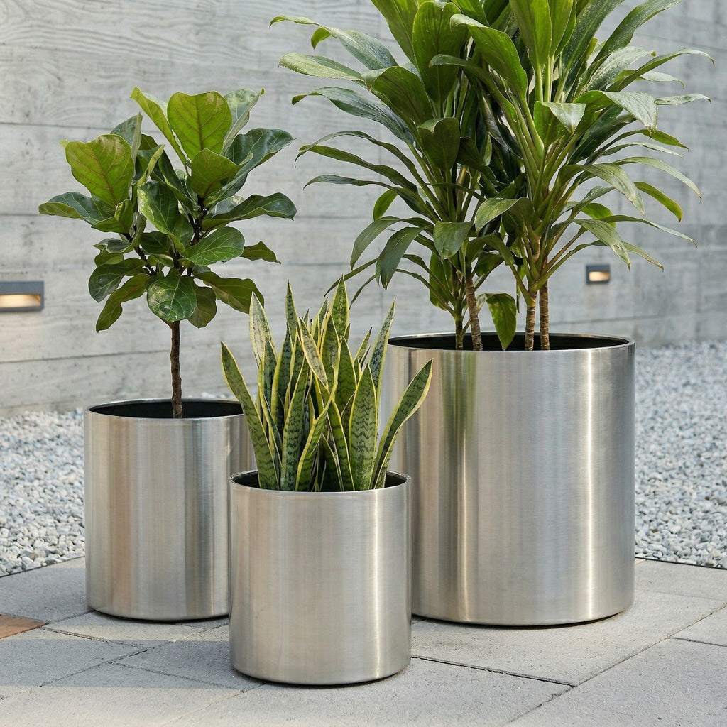 Knox Cylinder 31" Extra Large Planter - Modern Architectural Stainless Steel (18/8 Heavy Duty) Surface-Safe, Indoor / Outdoor (24" Ht x 31" Diam)