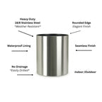 Knox Cylinder Planter - Modern Stainless Steel (18/8 Heavy Duty) Surface-Safe, Indoor / Outdoor (12" / 18" / 24" Large)