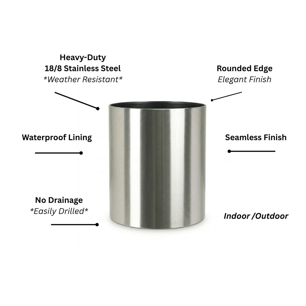 Knox Cylinder 31" Extra Large Planter - Modern Architectural Stainless Steel (18/8 Heavy Duty) Surface-Safe, Indoor / Outdoor (24" Ht x 31" Diam)