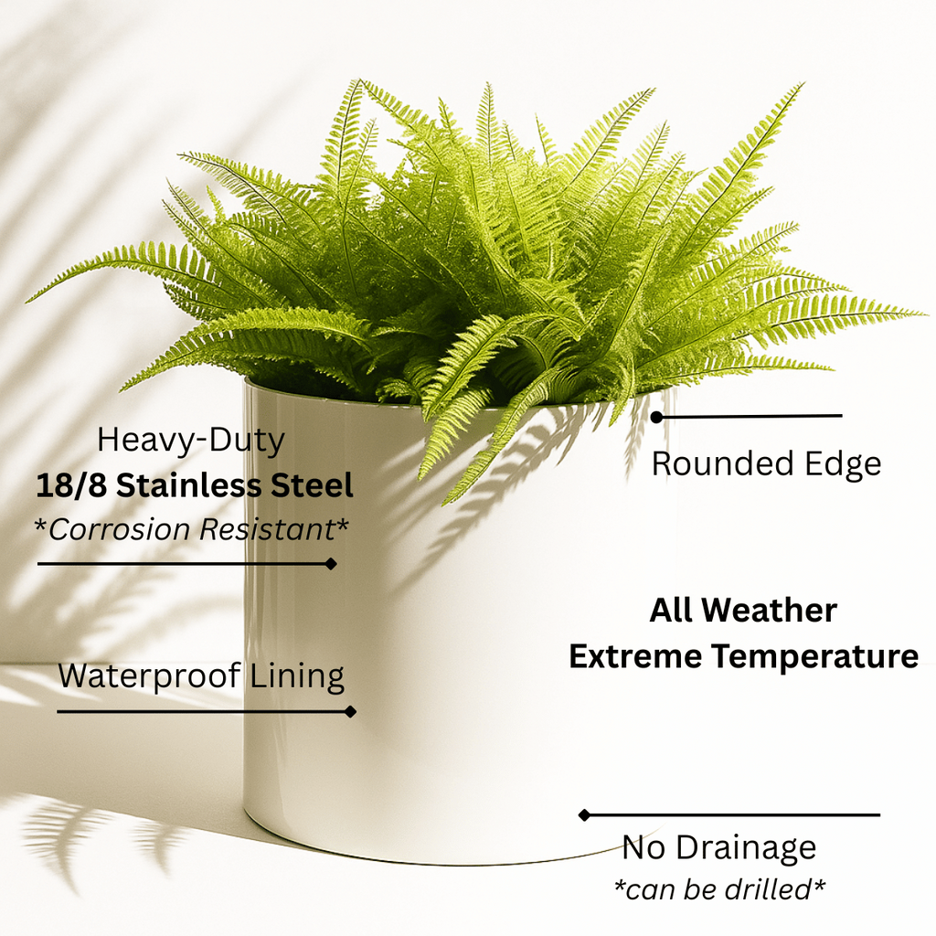 White Knox Cylinder Steel Planter w/ Hardwood Base - Indoor Organic Modern Architectural (15.5" / 22.5" Tall)
