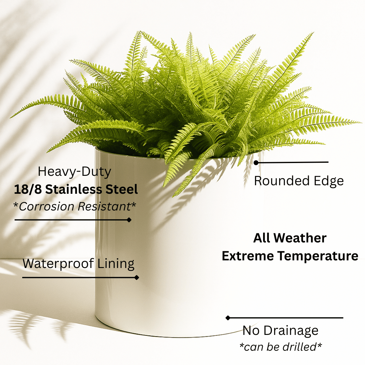 White Knox Cylinder Steel Planter w/ Hardwood Base - Indoor Organic Modern Architectural (15.5" / 22.5" Tall)