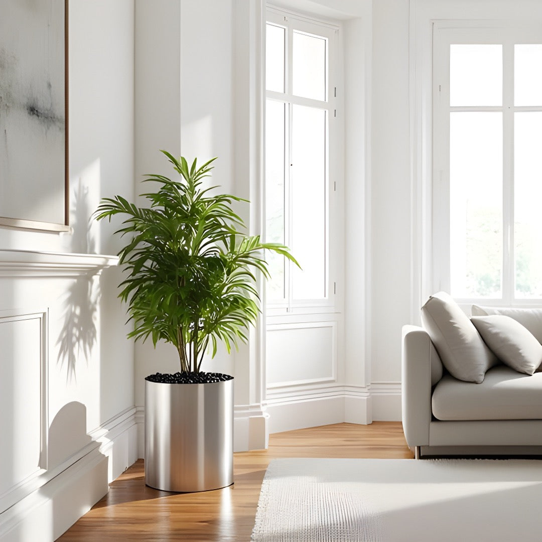 Knox Cylinder Planter - Modern Stainless Steel (18/8 Heavy Duty) Surface-Safe, Indoor / Outdoor (12" / 18" / 24" Large)