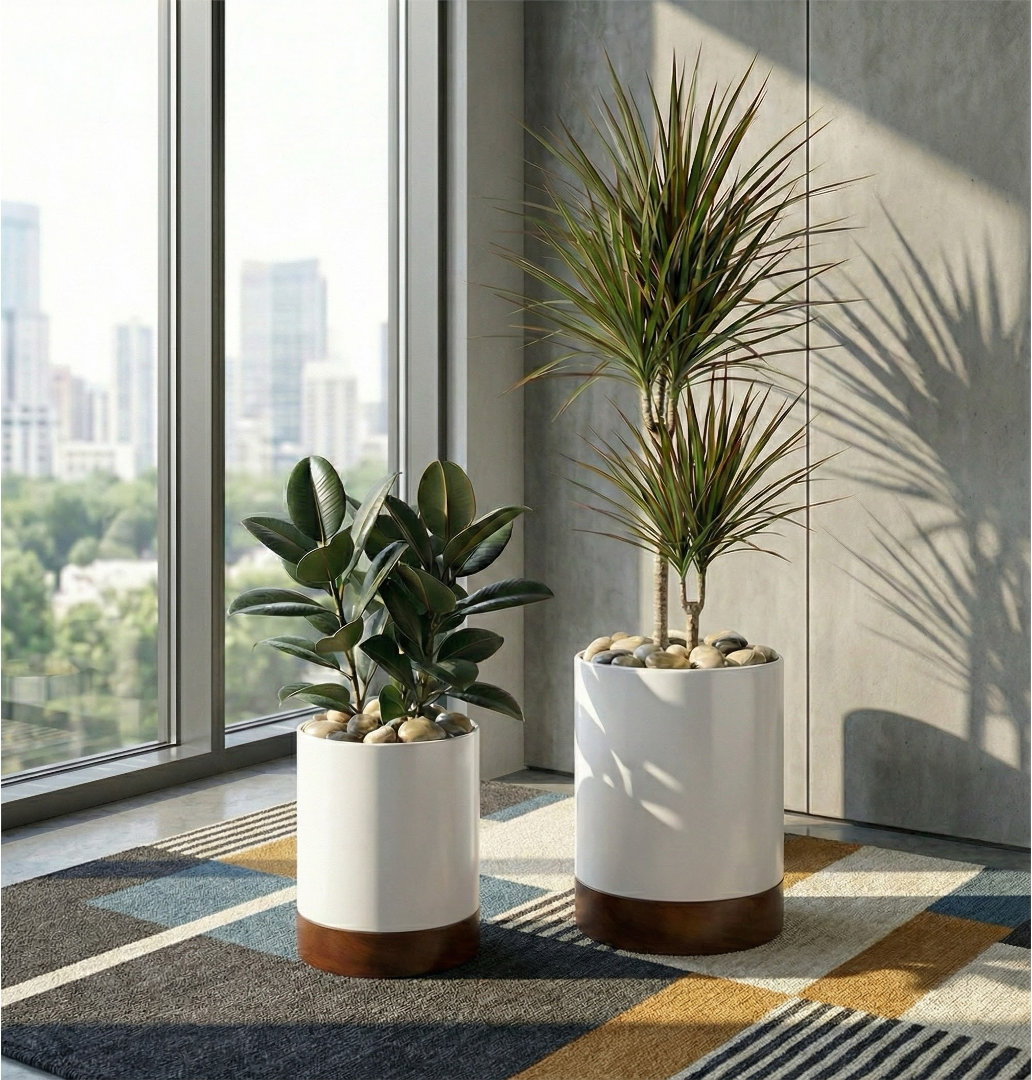 White Knox Cylinder Steel Planter w/ Hardwood Base - Indoor Organic Modern Architectural (15.5" / 22.5" Tall)