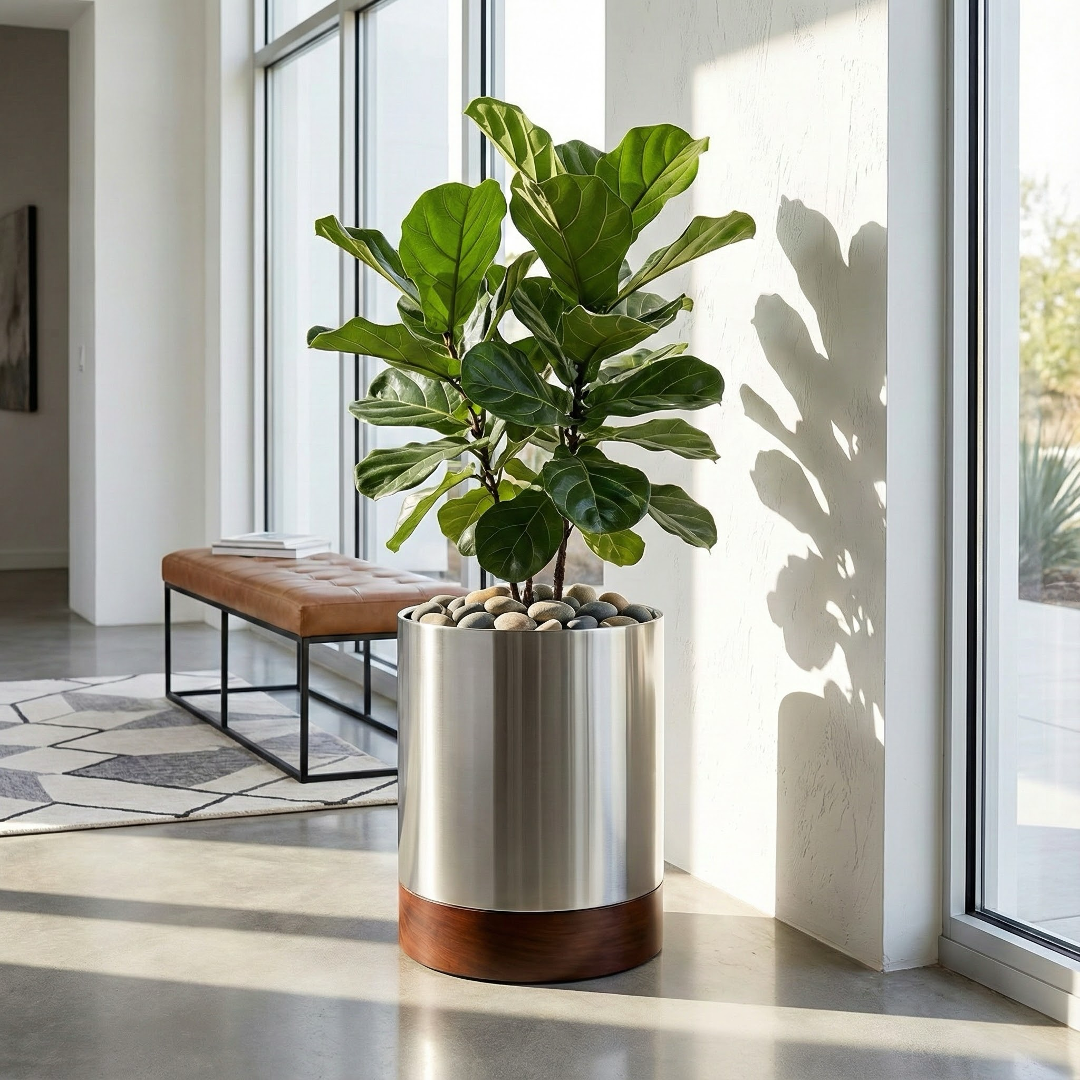 Knox Cylinder Indoor Planter w/ Hardwood Base - Organic Modern Architectural, Stainless Steel (18/8 Heavy Duty), Surface-Safe (15.5" Tall / 22.5" Tall)