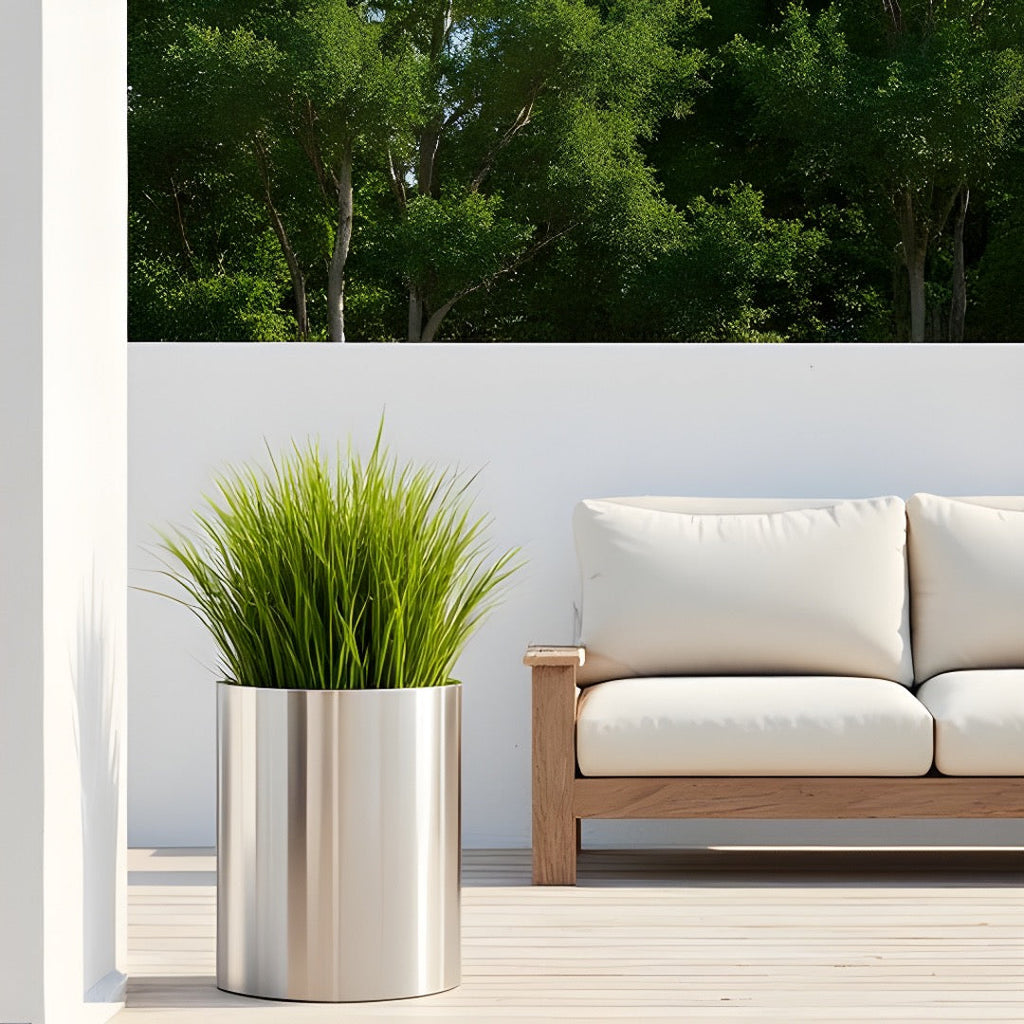 Knox Cylinder Planter - Modern Stainless Steel (18/8 Heavy Duty) Surface-Safe, Indoor / Outdoor (12" / 18" / 24" Large)