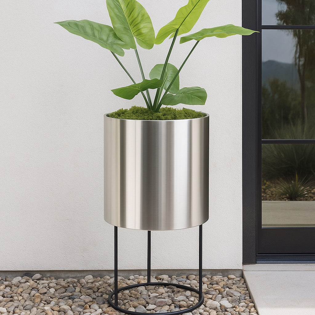 Knox Cylinder Metal Planter w/ Iron Stand - Modern Architectural Stainless Steel (18/8 Heavy Duty) Raised Pot, Surface-Safe, Indoor / Outdoor ( 21.5" / 33" Tall)