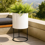 White Knox Cylinder Raised Planter - Modern Minimalist, Architectural w/ Waterproof Steel Pot w/ Iron Stand, Indoor / Outdoor (21.5" / 33" Tall)