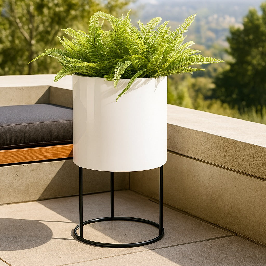 White Knox Cylinder Raised Planter - Modern Minimalist, Architectural w/ Waterproof Steel Pot w/ Iron Stand, Indoor / Outdoor (21.5" / 33" Tall)