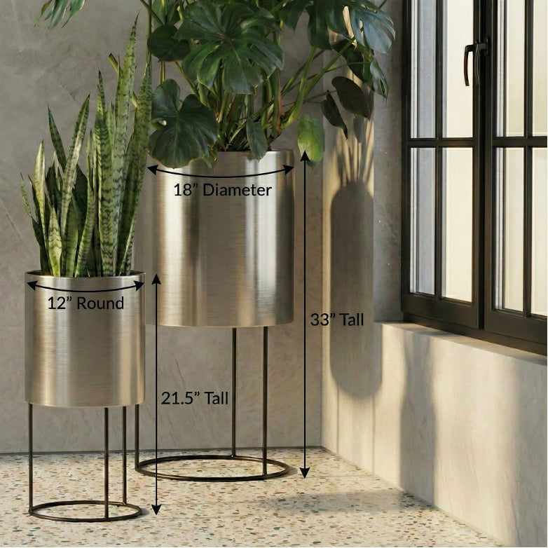 Knox Cylinder Metal Planter w/ Iron Stand - Modern Architectural Stainless Steel (18/8 Heavy Duty) Raised Pot, Surface-Safe, Indoor / Outdoor ( 21.5" / 33" Tall)